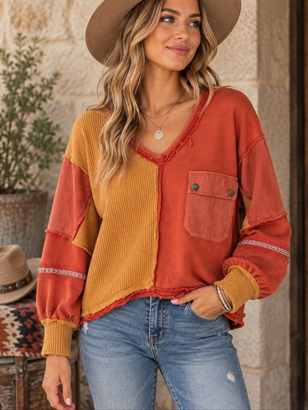 POL Patchwork Thermal Sweatshirt Top S Rust Orange Raw Seam Studded Boho